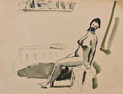 Бирштейн Макс Авадьевич (1914—2000). Сидящая в интерьере. 1960-е. Бумага, тушь, акварель, перо. 