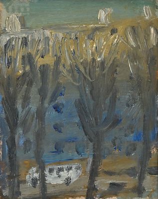 Бронфин Пётр (род. 1958). Вид из окна. 2020. Картон, масло. 22,5 × 17,5 см. Размер в раме: 34 × 