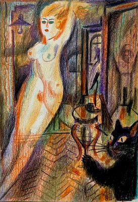 Алексеев Владимир Фёдорович (1944—2010). «Гелла и Бегемот». 1989. Бумага, цветной карандаш. 