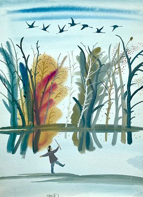 Багин Пётр Иванович (род. 1938). Иллюстрация к книге А. Яшина «Журавли» (М.: Малыш, 1985). 