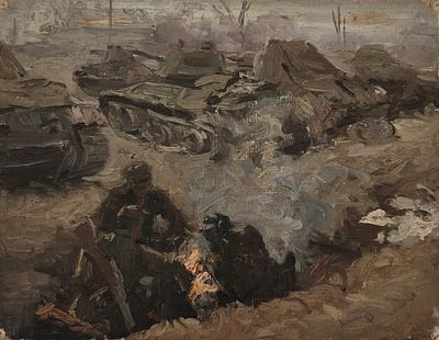 Андрияка Николай Иванович (1905—1977). Танкисты на привале. 1946. Холст на картоне, масло. 26,5 