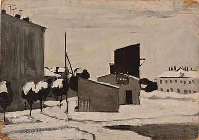 Басов Бениамин Матвеевич (1913—2001). Первый снег. 1954. Картон, масло. 49 &times; 69,5 см. Мелкие 