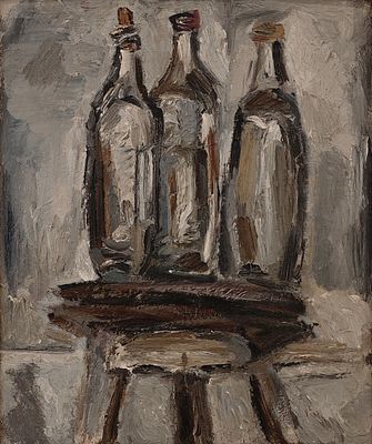 Богословский Александр Александрович (1950—2007). Бутылки на станке. 1974. Оргалит, масло. 60 &times; 