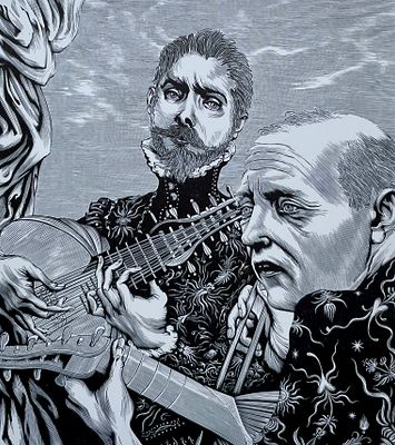 Верхоланцев Михаил Михайлович (р. 1937). Автопортрет с лютней. Бумага, торцовая гравюра на 