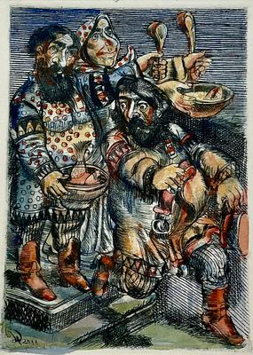 Домашенко Николай Иванович. Иллюстрация к басне И. А. Крылова &laquo;Демьянова уха&raquo;. 2011 г. Бумага 