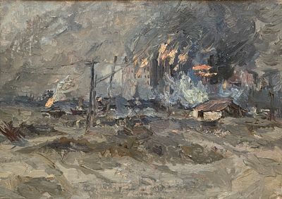 Андрияка Николай Иванович (1905—1977). Сталинград в огне. 1946. Картон, масло. 22,5 &times; 32 см. 