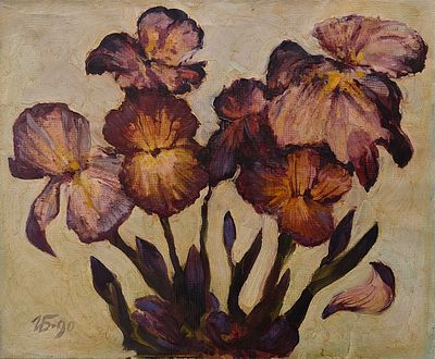 Бабиков Геннадий Фёдорович (1911—1993). Ирисы. 1990. Холст, масло. 50 &times; 60 см. Внизу слева: 