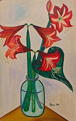 Байрамов Ярлы (1942—2013). Амариллисы. 1990. Картон, масло. 80 &times; 50 см. Внизу справа: подпись 