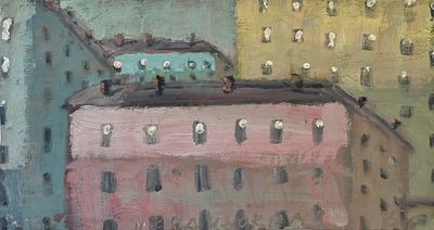 Бронфин Пётр (род. 1958). Вид из окна. 2023. Бумага, масло. 29 &times; 54 см. Внизу: год, название 