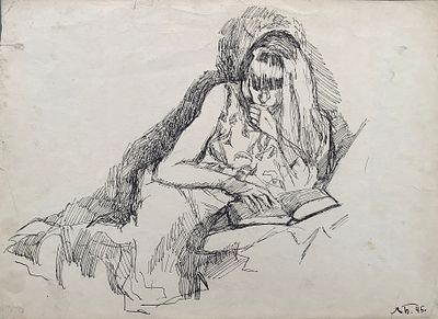 Бруни Лев Александрович (1894—1948). Лежащая. Без даты. Бумага, тушь, перо. 31 &times; 43 см. Внизу 