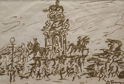 Бух Арон Фроимович (1923—2006). Городской пейзаж. 2000-е. Бумага, соус. 30 &times; 43 см. Размер в 