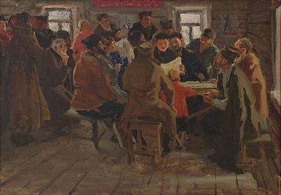 Волкова Марина Исаевна (1905—1979). Крестьяне читают первые декреты советской власти. 1950-е. 