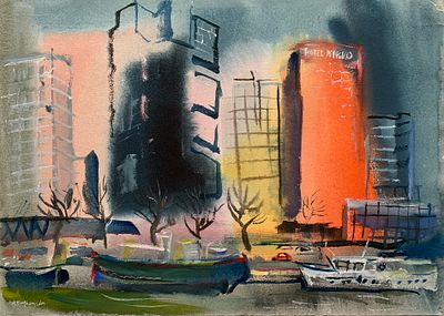 Траугот Г. А. В. Городской пейзаж. Без даты. Бумага, акварель, белила. 30,5 &times; 43 см. Внизу 