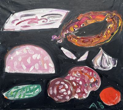 Бирштейн Анна Максовна (род. 1947). Колбасы. Без даты. Холст, масло. 45 &times; 50 см. В правом 