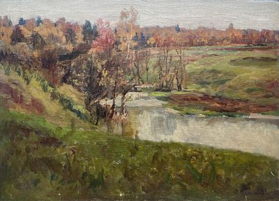 Васин Владимир Алексеевич (1918 – 2006). Пейзаж с рекой. 1950-е. Холст на картоне, масло. 50 &times; 