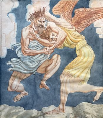 Верхоланцев Михаил Михайлович (род. 1937). Борьба Иакова с ангелом. 2004. Бумага, акварель 
