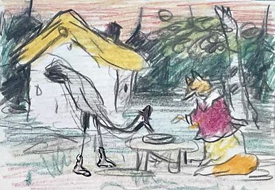 Десницкий Борис Матвеевич (1903–1985). &laquo;Лиса и журавль&raquo;. Бумага, цветные карандаши, графитный 