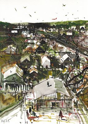 Батынков Константин Александрович (род. 1959). Домики. 2025. Бумага, акварель. 29,5 &times; 21 см. В 