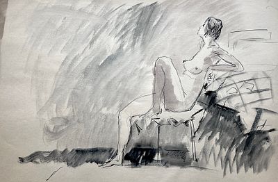 Бирштейн Макс Авадьевич (1914—2000). Обнажённая. 1990-е. Бумага, тушь, акварель, перо. 36 &times; 55 см. 