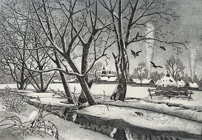 Воробьёв Владимир Алексеевич (род. 1950). У речки. Зима. Из серии "Подмосковье". 1989. Бумага 