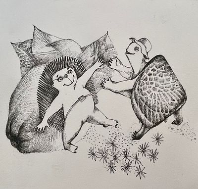 Жук Тамара Николаевна. Ёж и черепаха, 2000-е. Иллюстрация из журнала &laquo;Чиж и Ёж&raquo; (СПб.: Чиж и 