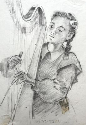 Боровская Анна Казимировна (1901 — 1984). За игрой. 1960-е гг. Бумага, карандаш. Размер 