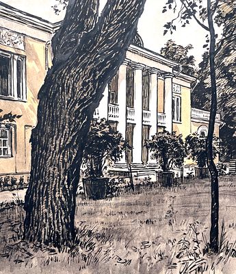 Калита Николай Иванович (1926 — 2016). Дом-музей В.И. Ленина со стороны парка. 1957. Бумага 