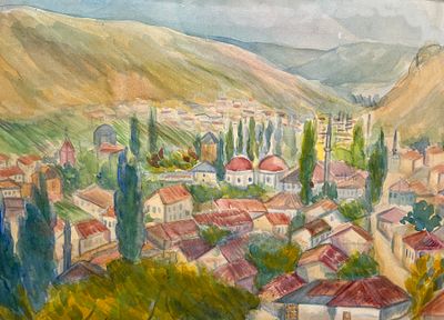 Кафенгауз Тамара Андреевна (1893 — 1969). Бахчисарай. 1929. Бумага, акварель. 29Х40 см. Слева 