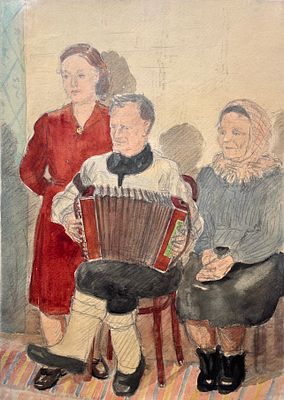 Лапшин Николай Иустинович (1905 — 2003). Игра на аккордеоне. 1955. Бумага, акварель, графитный 