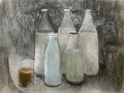 Рудаков Михаил Захарьевич (1914 — 1985). Молочные бутылки. 1966. Бумага, сухая пастель. 37 &times; 50 