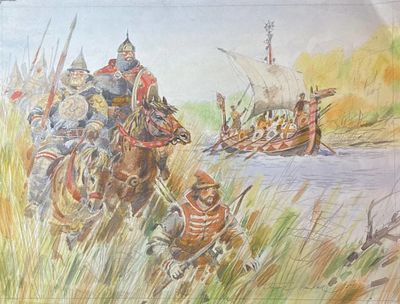 Аникин Борис Александрович (род. 1947). Русские витязи. 1991 г. Бумага, акварель, гуашь. 28&times;37 см. 