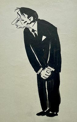 Беломлинский Михаил Самуилович (1934—2020). 
Шарж на актера Евгения Лебедева, 1973 г.
Бумага 