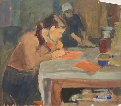 Аксельрод Меер Моисеевич (1902 — 1970). За уроками. 1939. Бумага, гуашь. 36 &times; 41,5 см. Края 