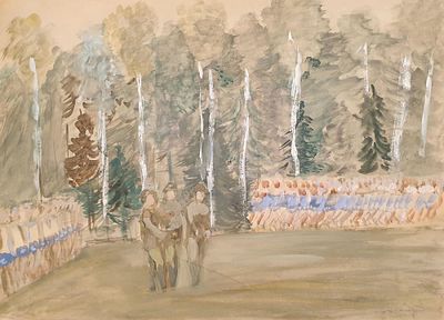 Аксельрод Меер Моисеевич (1902 — 1970). Спортивный лагерь. 1932. Бумага, гуашь. 36 &times; 49,5 см. В 