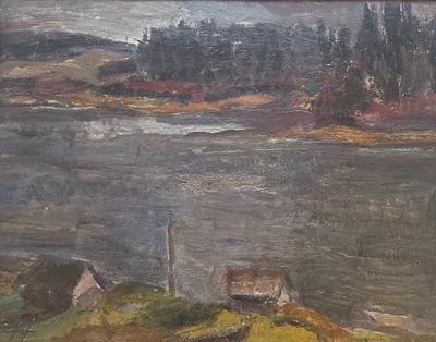 [Суровый стиль] Андронов Николай Иванович (1929 — 1998). Поздняя осень на озере. 1991. Картон 