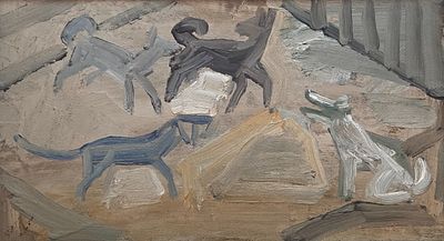 [Суровый стиль] Андронов Николай Иванович (1929 — 1998). Собаки. 1987. Картон, масло. 23 &times; 41 