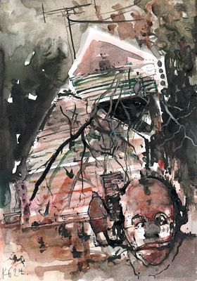 Батынков Константин Александрович (род. 1959). Клоун на даче. 2024. Бумага, акварель, тушь. 29 