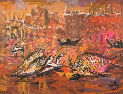 Брайнин Владимир Ефимович (род. 1951). Рыбалка. 2015. Бумага, гуашь. 50 &times; 65,5 см. В правом 