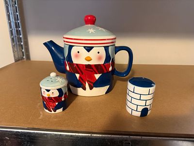 Winter Design Tea Pot and Salt and Pepper Shakers. Penguin Winter design tea pot; Salt and
