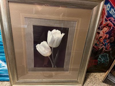 Large Flower Wall Hanging Picture. Large matted wall hanging picture of 2 beautiful white