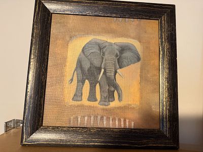 Elephant Wall Hanging Picture with dark wood border 15" x 15"