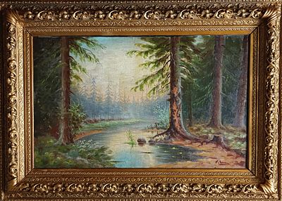 н.х. - Утро в лесу. холст масло 1910-е годы 
подпись внизу справа 
рама старше картины 1896 год 
