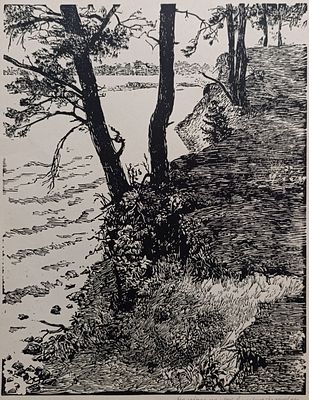 Герус Семён Петрович - Бережок. линогравюра Герус С.П. 1954 год 
подпись и дарственная надпись 