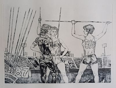 Ежков Геннадий Фёдорович - Спорт. Метание копья. офорт Ежков Г.Ф. 1974 год 
Серия эстампов "Спорт" 