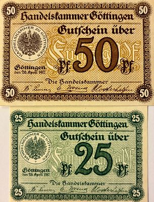גרמניה לוט 2 שטרי כסף לשעת חירום (Notgeld) בגובה 25 ו-50 פפניג שהונפקו על ידי לשכת המסחר של 