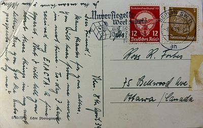 גרמניה הנאצית שנת 1939 גלויה דואר ישנה שנשלחה מגרמניה הנאצית לקנדה בשנת 1939, וכוללת בולים של 