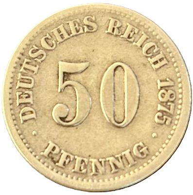 גרמניה מטבע כסף עתיק משנת 1875 של 50 פפניג (50 Pfennig) (הקיסרות הגרמנית) ואת הערך "50 PFENNIG" 