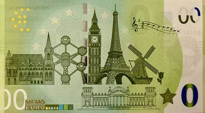 שטר מזכרת של 0 יורו (Memo Euro / Euro Souvenir) המוקדש לעיר פראג שבצ'כיה, ועליו מופיע השעון 