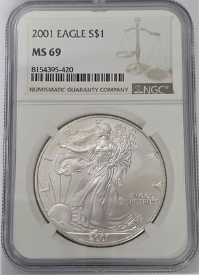 ארצות הברית מטבע כסף משקל 31.10 גרם, מדורג MS69 טהור 999 אמריקן איגל דולר ארה"ב שנת 2001 מדורג 