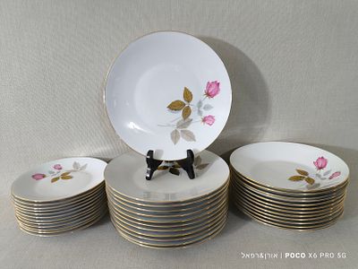 סט 12 סועדים 
36 צלחות פורצלן 
רוזנטל (Rosenthal) 
המעוטר בדוגמת ורדים ורודים ועליו עיטור 